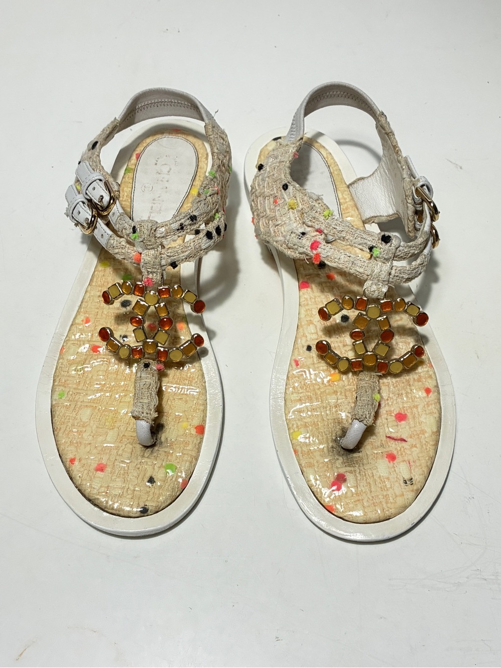 CHANEL Cream Woven T-Strap Sandals with Gold Logo Beading